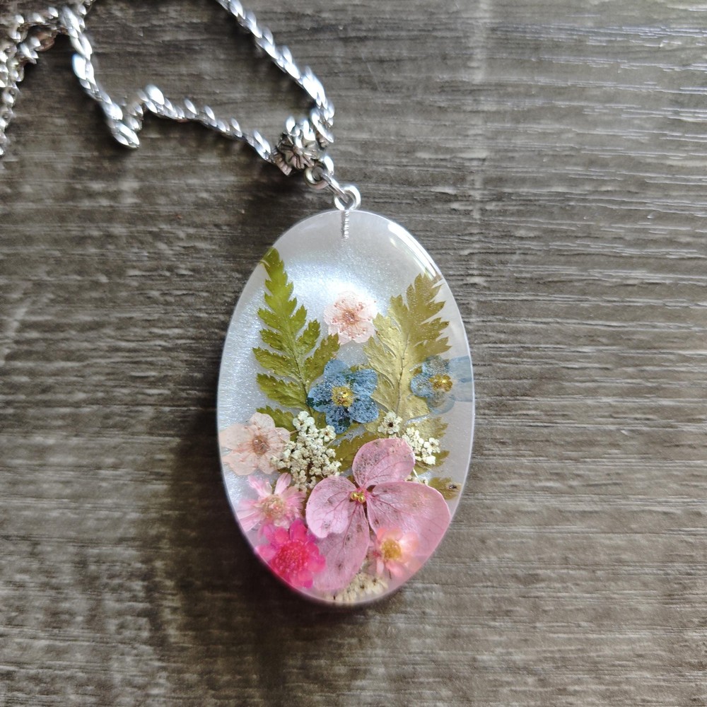 Real Flower Resin Pendant Necklace with Fern and Hydrangea, Handmade Botanical Jewelry