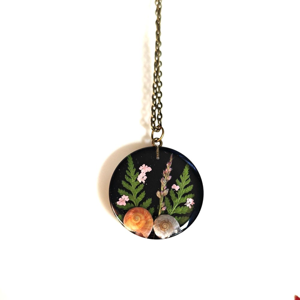 Resin Pendant Necklace with Fern Snail Shell and Tiny Flowers, Forest Botanical Jewelry