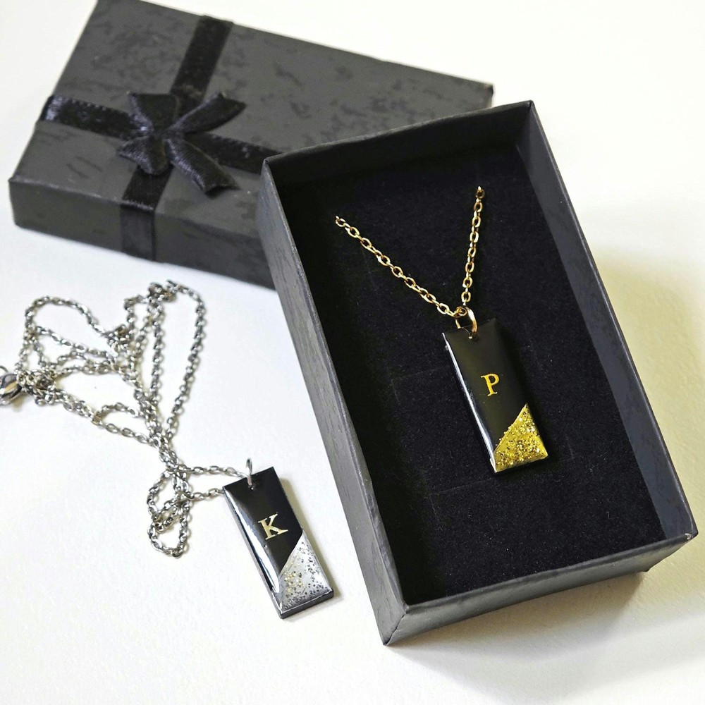 Personalized Initial Necklace, Black & Gold Resin Pendant, Custom Letter Jewelry for Her
