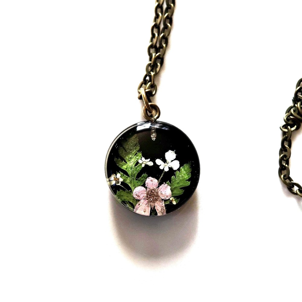 Resin Pendant Necklace with Fern and Tiny Flowers, Botanical Handmade Jewelry