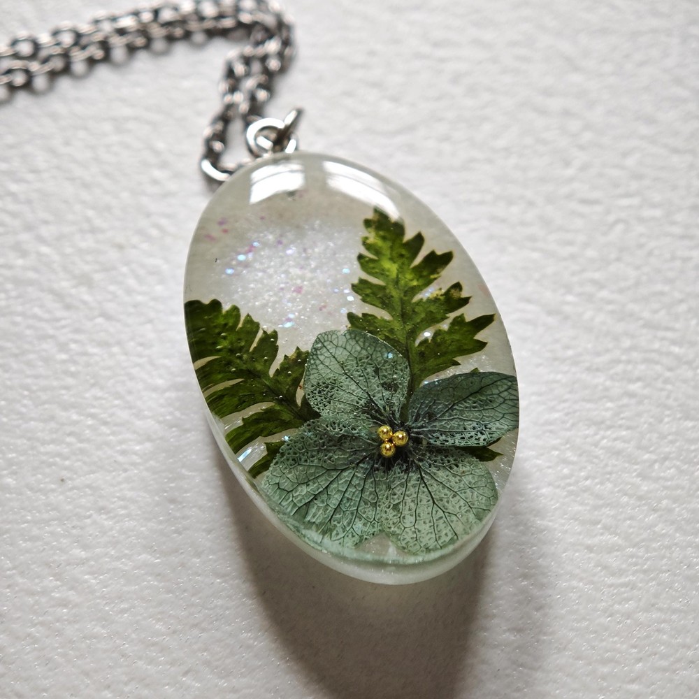 Real Flower Resin Pendant Necklace, Oval Botanical Jewelry, Handmade Nature Gift