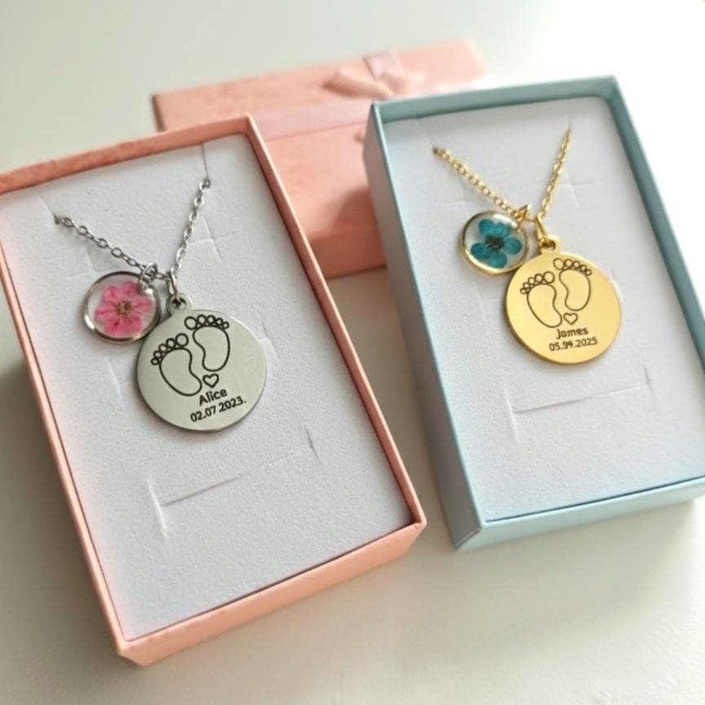Personalized Baby Silhouette Necklace, Pressed Flower Charm for New Mom, Birth Jewelry