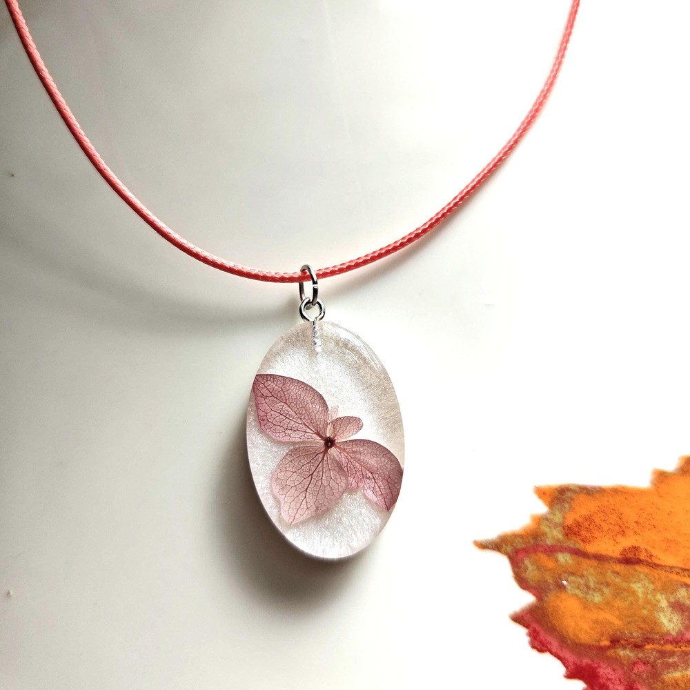 Real Hydrangea Necklace White Flower Resin Pendant Leather Cord, Botanical Jewelry