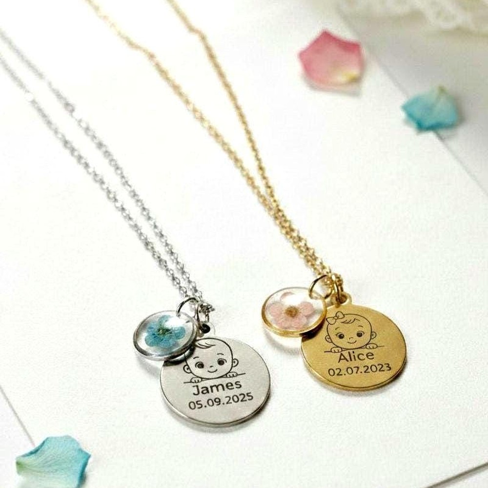 Custom Baby Portrait Pendant, Personalized Child Silhouette, Pressed Flower Jewelry for Mom