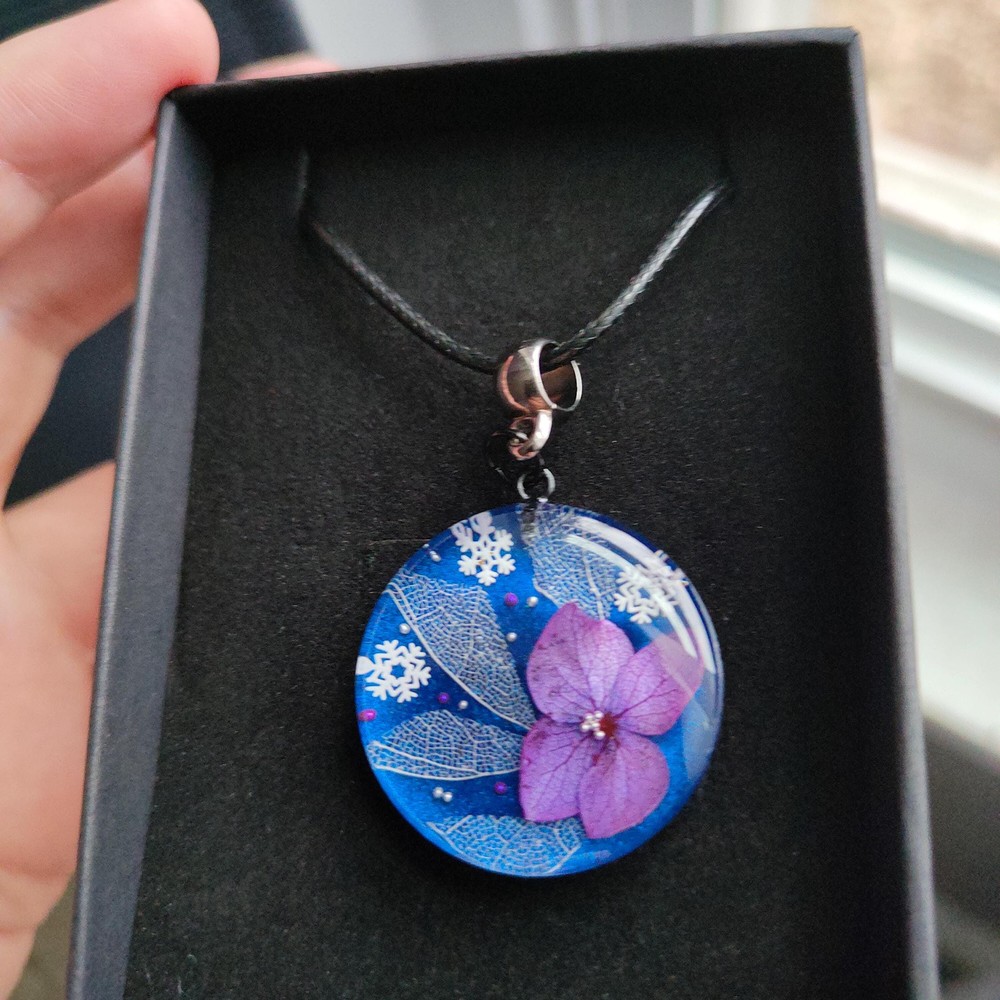 Real Hydrangea and Snowflake Resin Pendant Necklace, Purple Winter Floral Jewelry