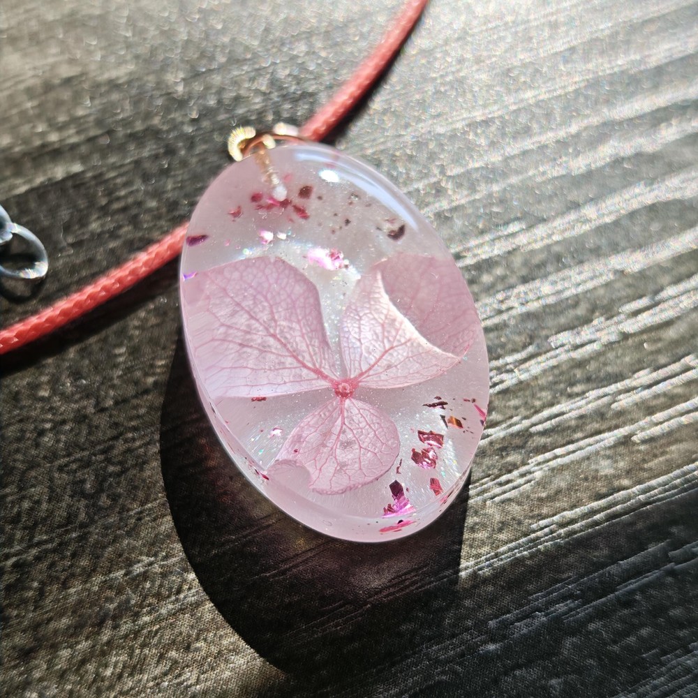 Light Pink Hydrangea Necklace Oval Resin Pendant Botanical Jewelry Real Flower Gift