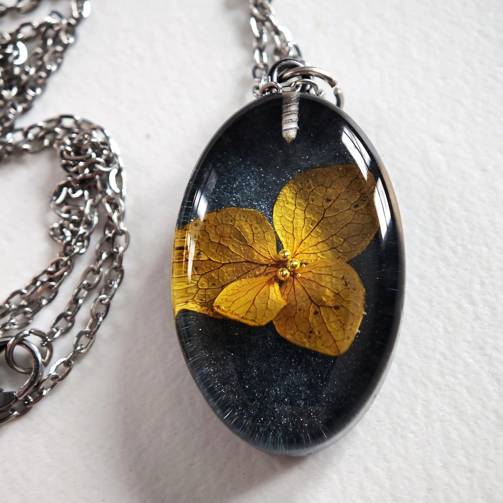 Orange Hydrangea Necklace Oval Resin Pendant Botanical Jewelry Autumn Style Gift